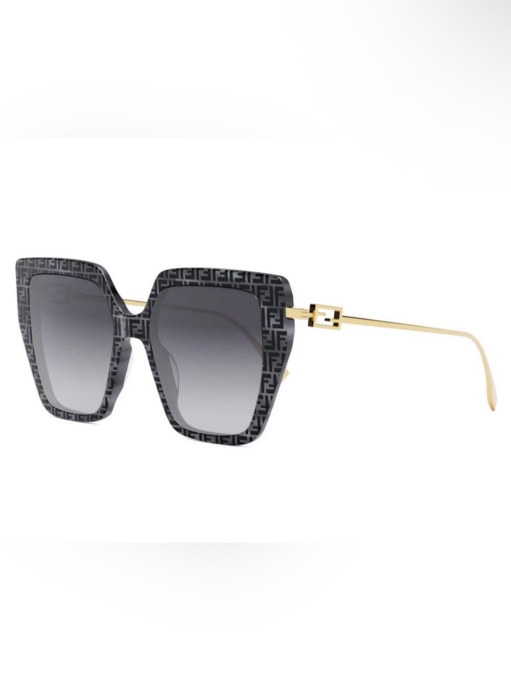 Fendi Black Patterned Square Sunglasses with Gold Temples